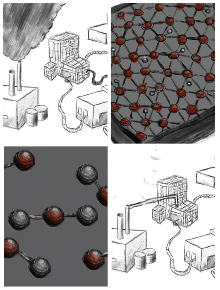 4 Zeichnungen Fabrikhallen Moleküle