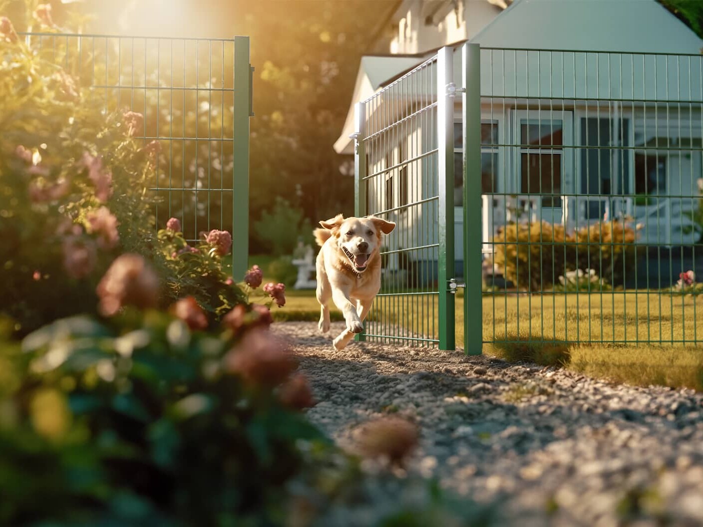 Hund läuft durch ein grünes 3D-gerendertes Tor