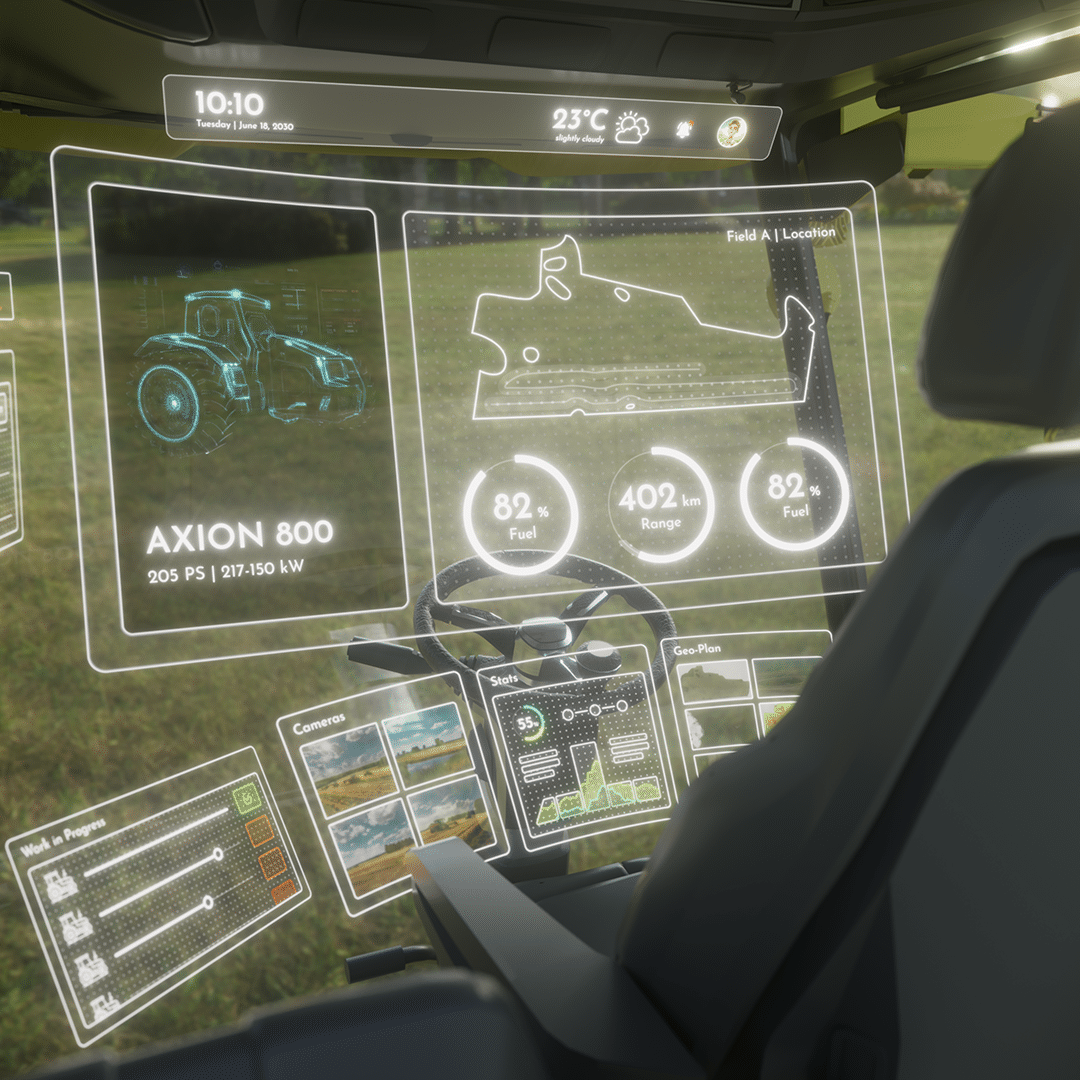 3D-Render Innenraum Traktorkabine mit VR-Infografiken