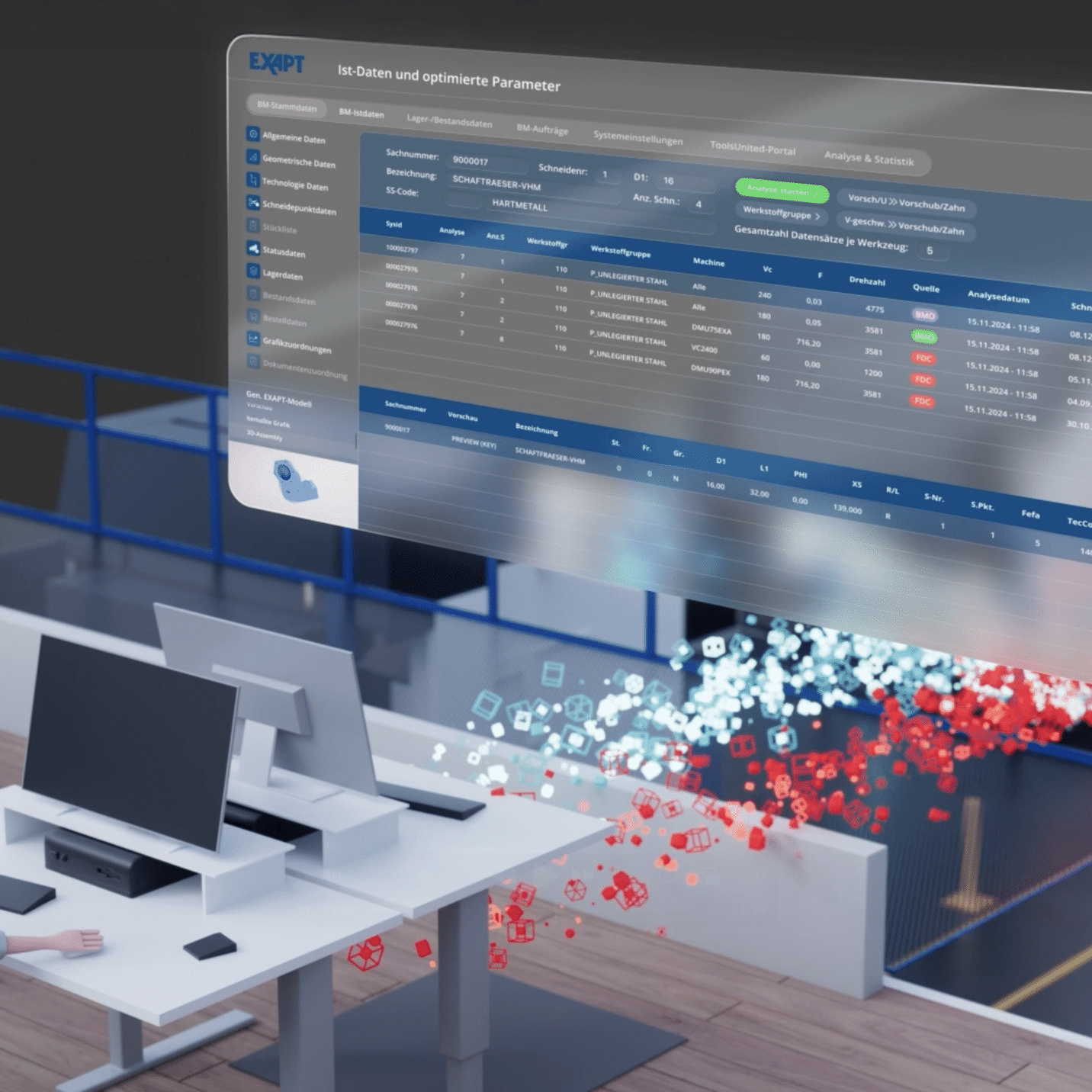 3D-Visualisierung von einer Mitarbeiterin im Büro mit einem eingeblendeten User-Interface